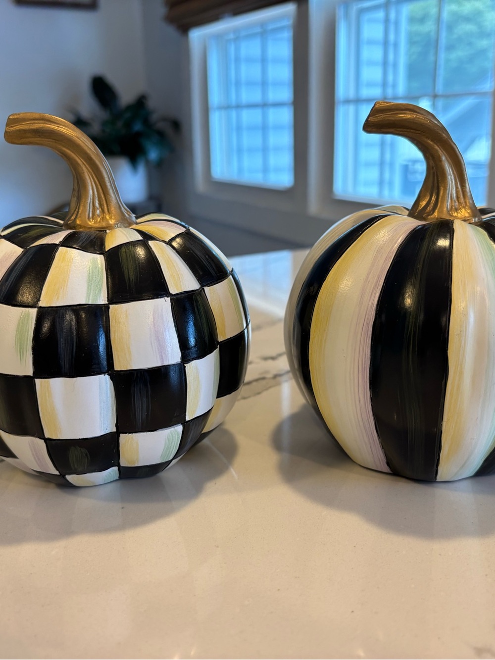 Mackenzie Childs Black & White Checker and Stripe Pumpkins with Gold Stems